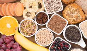 Carbohydrates food sources, top view on a table