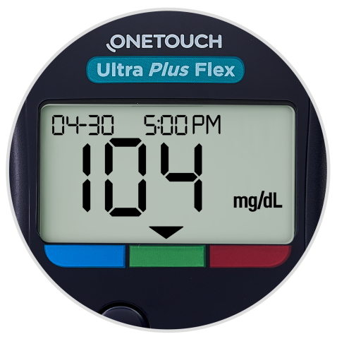 Ultra Plus Flex meter screen with blood sugar reading
